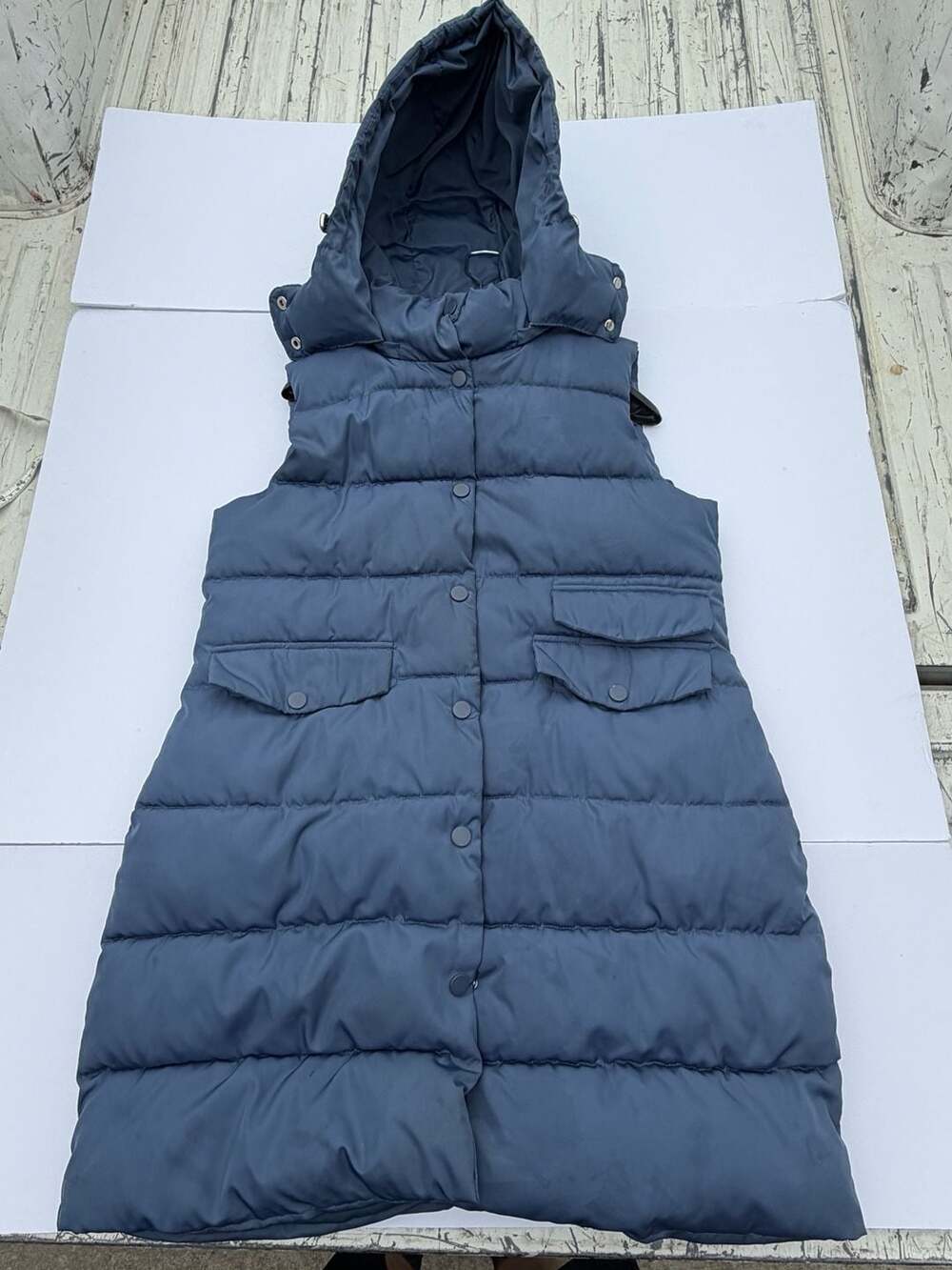 SHEIN Long Puffer Vest Size M Blue Hooded Quilted Gilet